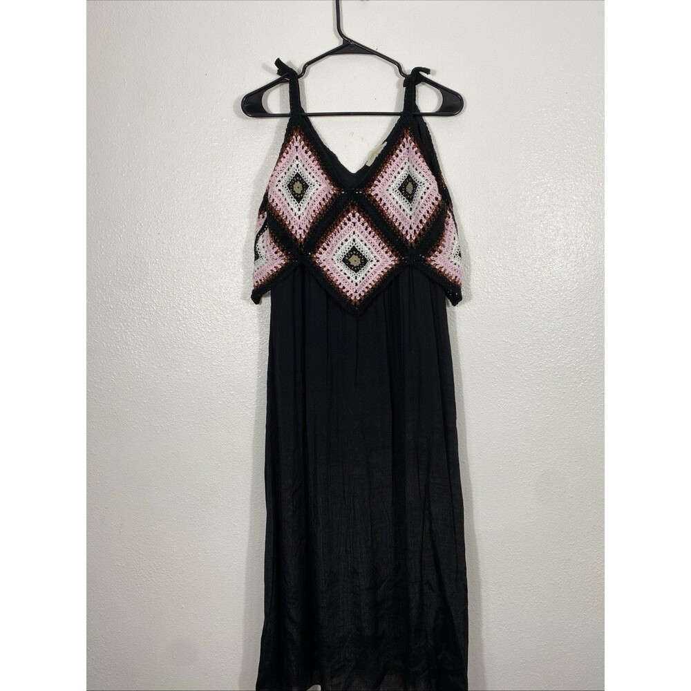 REBELLION Crochet Geometric Maxi Dress Sleeveless Black Pink Size M - Picture 2 of 15